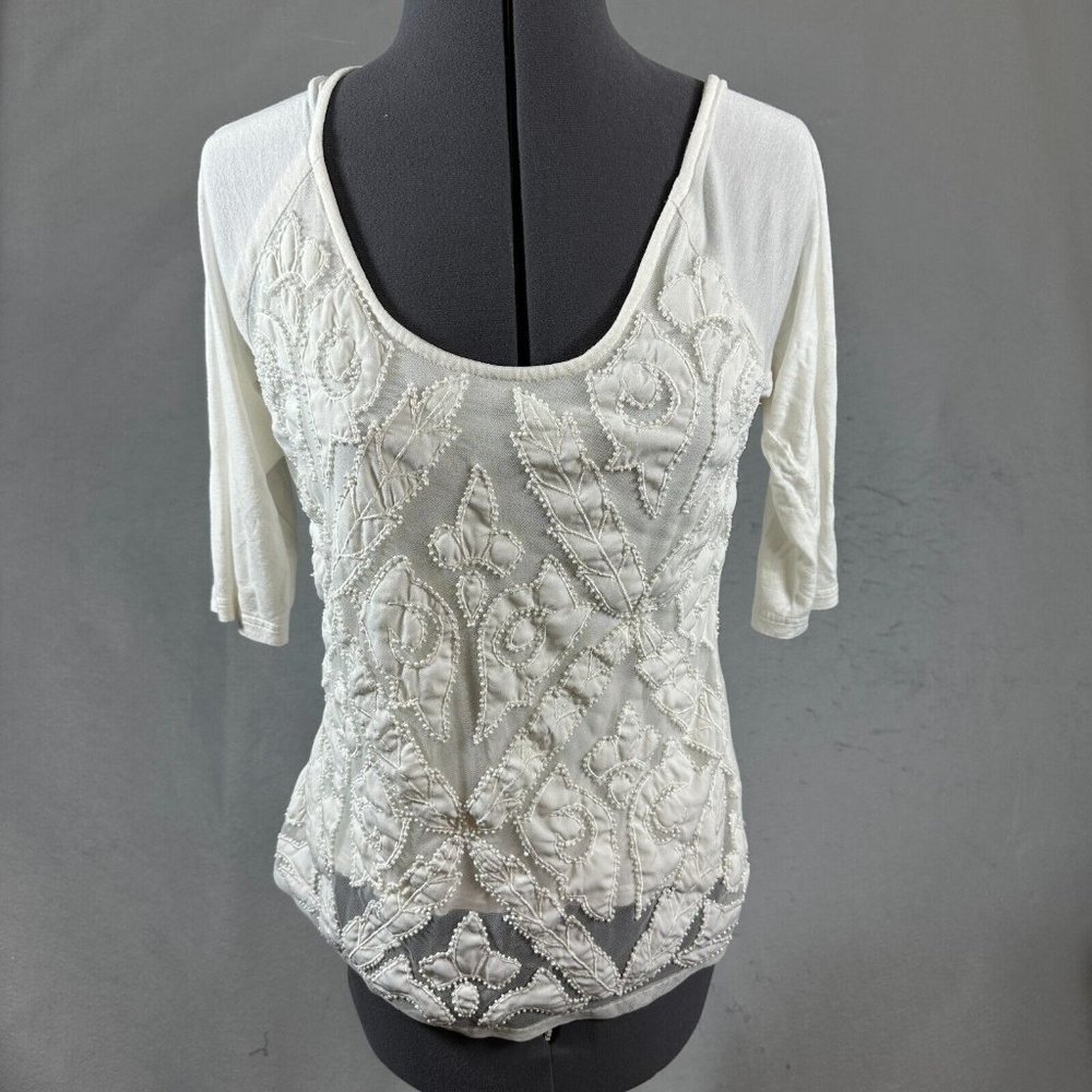 BKE Boutique Buckle Semi Sheer Blouse Pearl Accents White Short Sleeve Size S